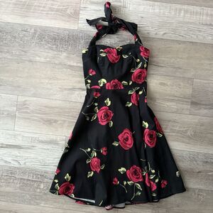 Topdress Women’s Size Small Fit & Flare Black Rose Dress Rockabilly Chic